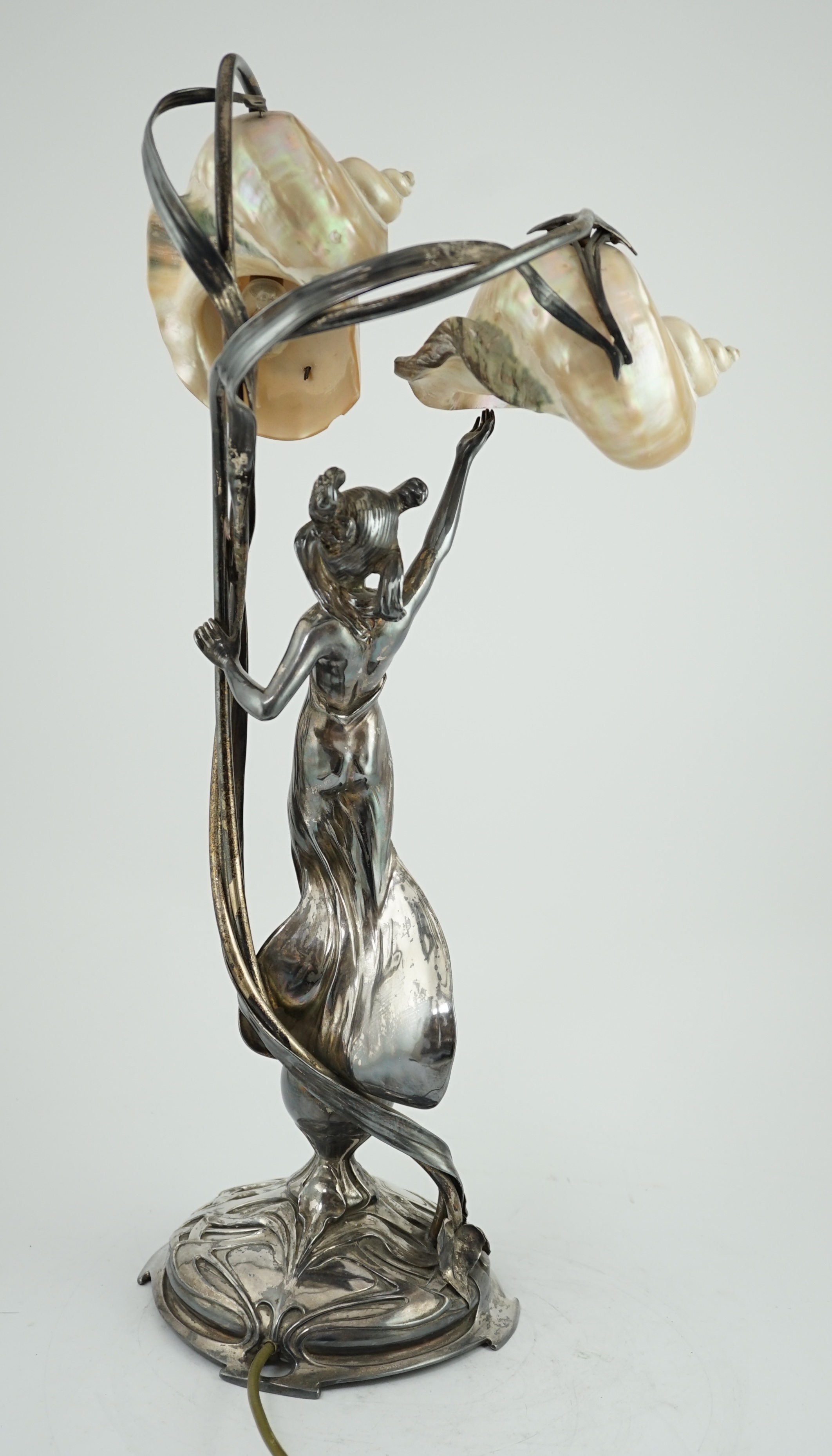 An impressive Art Nouveau electroplate shell mounted figural table lamp, by Moritz Hacker, c.1900